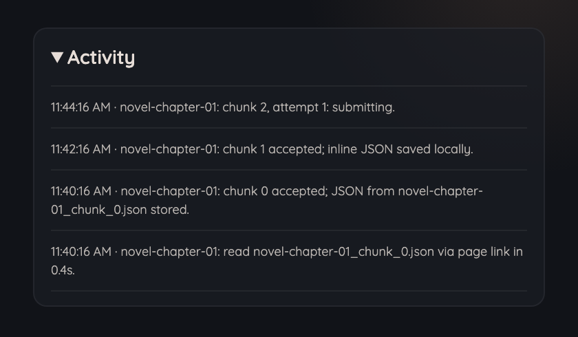 The activity log listing a submission, two acceptances and the file read that backed one of them.