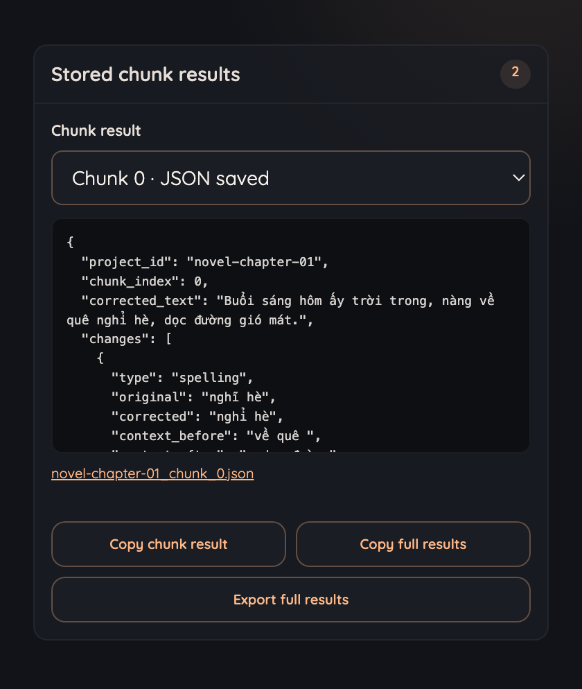 The stored chunk results panel showing the JSON for chunk 0 and buttons to copy or export results.